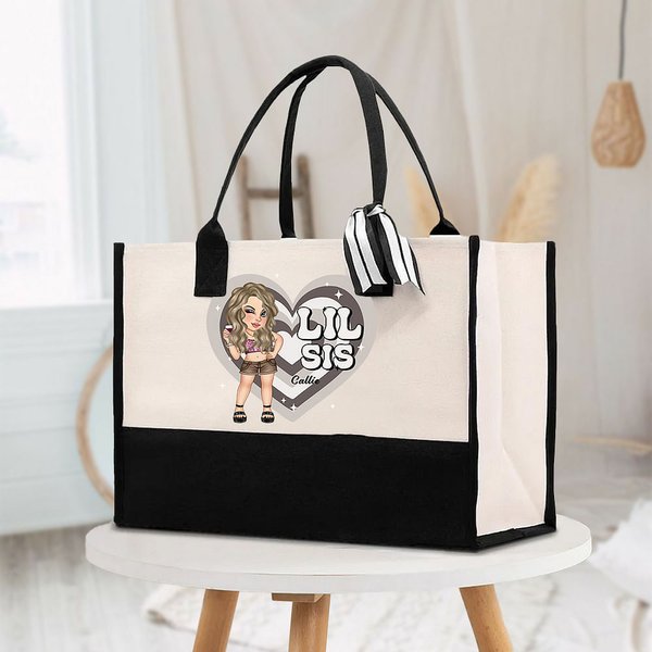 Spersonalizowana torba Big Sis Mid Sis Lil Sis Y2K Heart Cartoon Girl Canvas Tote Bag z imieniem Urodzinowy prezent przyjaźni dla Besties Y2K Lovers