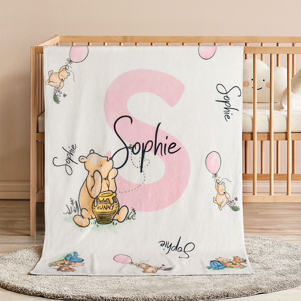 Personalized Soft Classic Winnie the Pooh Fleece Throw Blanket with Name and Initial Baby Shower Receiving Gift for Newborns