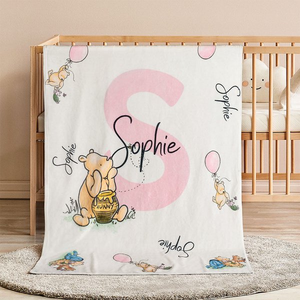 Personalized Soft Classic Winnie the Pooh Fleece Throw Blanket with Name and Initial Baby Shower Receiving Gift for Newborns