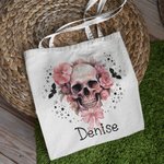 Personalisierte rosa Blumen Schädel Fledermäuse große Canvas Tragetasche mit Namen Tote Bag Halloween Party Geschenk für Schädel Liebhaber