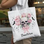 Personalisierte rosa Blumen Schädel Fledermäuse große Canvas Tragetasche mit Namen Tote Bag Halloween Party Geschenk für Schädel Liebhaber