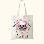 Personalisierte rosa Blumen Schädel Fledermäuse große Canvas Tragetasche mit Namen Tote Bag Halloween Party Geschenk für Schädel Liebhaber