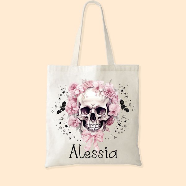 Personalisierte rosa Blumen Schädel Fledermäuse große Canvas Tragetasche mit Namen Tote Bag Halloween Party Geschenk für Schädel Liebhaber