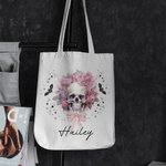 Personalisierte rosa Blumen Schädel Fledermäuse große Canvas Tragetasche mit Namen Tote Bag Halloween Party Geschenk für Schädel Liebhaber