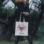 Personalisierte rosa Blumen Schädel Fledermäuse große Canvas Tragetasche mit Namen Tote Bag Halloween Party Geschenk für Schädel Liebhaber
