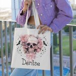 Personalisierte rosa Blumen Schädel Fledermäuse große Canvas Tragetasche mit Namen Tote Bag Halloween Party Geschenk für Schädel Liebhaber