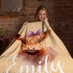 Personalized Cute Floral Highland Cow Soft Throw Blanket with Name Home Decor Birthday Gift for Highland Cow Lovers