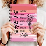 Personalized Self Care She Is Me Pink 120 Pages A5 Lined Spiral Notebook with Name and Birth Flower Birthday Affirmation Gift for Women Girls