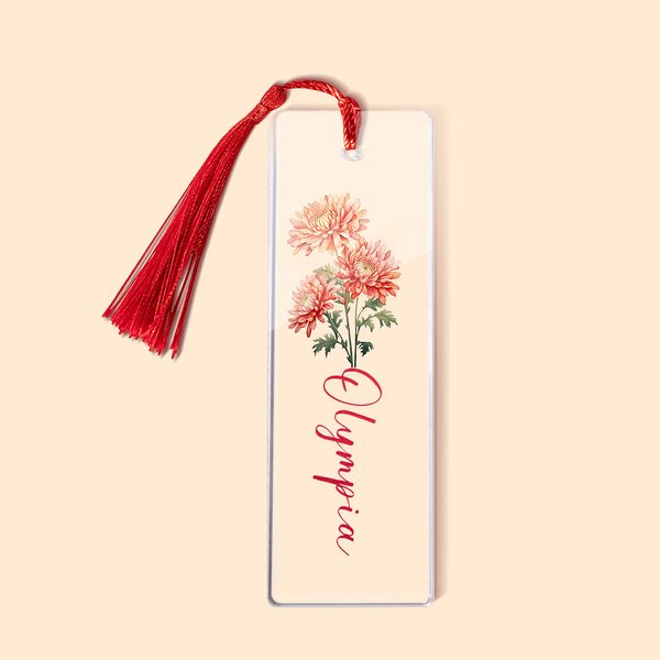 Gepersonaliseerde aquarel geboorte bloem acryl naam boekenlegger met kwastje verjaardagscadeau voor vrouwen boek liefhebbers