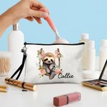 Personalised Cute Floral Sloth Name Makeup Bag with Wristband Birthday Gift for Women Sloth Lovers