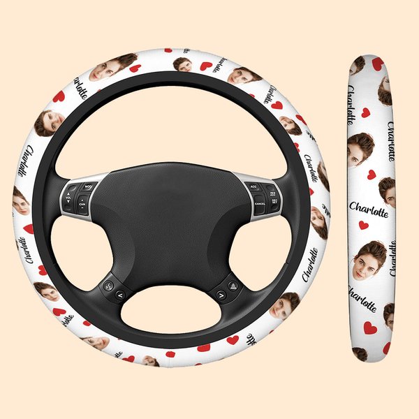 Personalized Multicolor Heart Flower Face Photo Anti-Slip Car Steering Wheel Cover with Name Car Accessories Birthday Gift for Car Owner