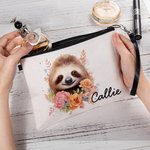 Personalised Cute Floral Sloth Name Makeup Bag with Wristband Birthday Gift for Women Sloth Lovers