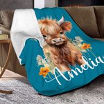 Personalized Cute Floral Highland Cow Soft Throw Blanket with Name Home Decor Birthday Gift for Highland Cow Lovers