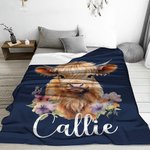 Personalized Cute Floral Highland Cow Soft Throw Blanket with Name Home Decor Birthday Gift for Highland Cow Lovers