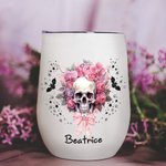 Personalisierte rosa Blumen Schädel Fledermäuse Multicolor 12oz Name Wein Becher mit Deckel und Strohhalm Halloween Geschenk für Frauen Schädel Liebha