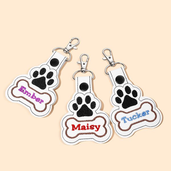 Personalized Dog Paw Bone Leather Keychain with Embroidery Name Bag Pet Vest  Decoration Christmas Birthday Gift for Pet Lover