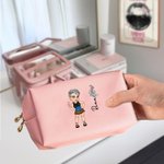Personalized Y2K Style Cartoon Character Birth Flower PU Leather Makeup Pouch Bag with Name Travel Accessory Birthday Gift for Women
