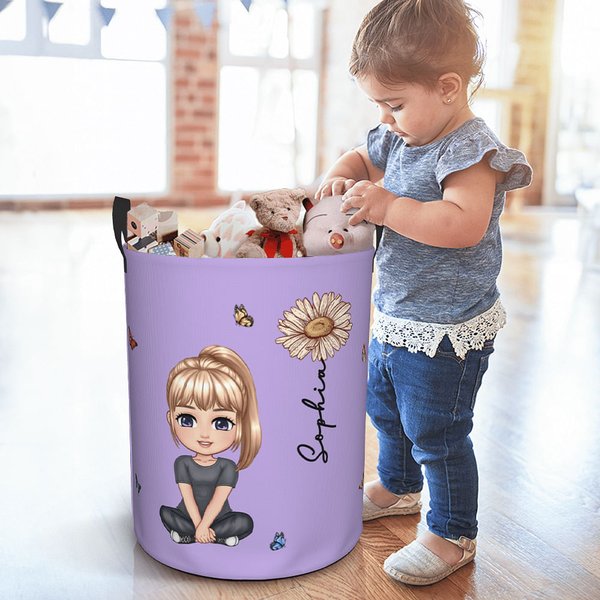 Gepersonaliseerde Dubbelzijdige Wasmand met Cartoonfiguur en Geboortebloem Waterdicht met Handvat Cadeaus voor Kinderen