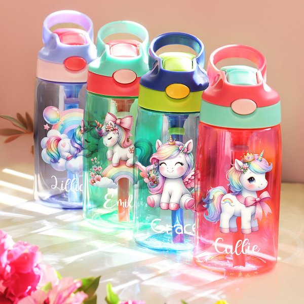 Bouteille d'Eau Personnalisée au Nom de l'Enfant avec Paille et Couvercle Anti-fuite Motif Licorne Cadeau d'Anniversaire de Noël pour Garçons Filles