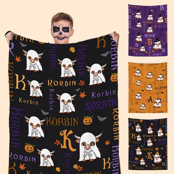 Personnalisé Highland Cow Ghost Wizard Hat Design Soft Throw Blanket with Name Home Decor Halloween Gift for Kids