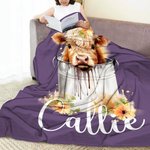 Personalized Cute Floral Highland Cow Soft Throw Blanket with Name Home Decor Birthday Gift for Highland Cow Lovers