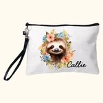Personalised Cute Floral Sloth Name Makeup Bag with Wristband Birthday Gift for Women Sloth Lovers