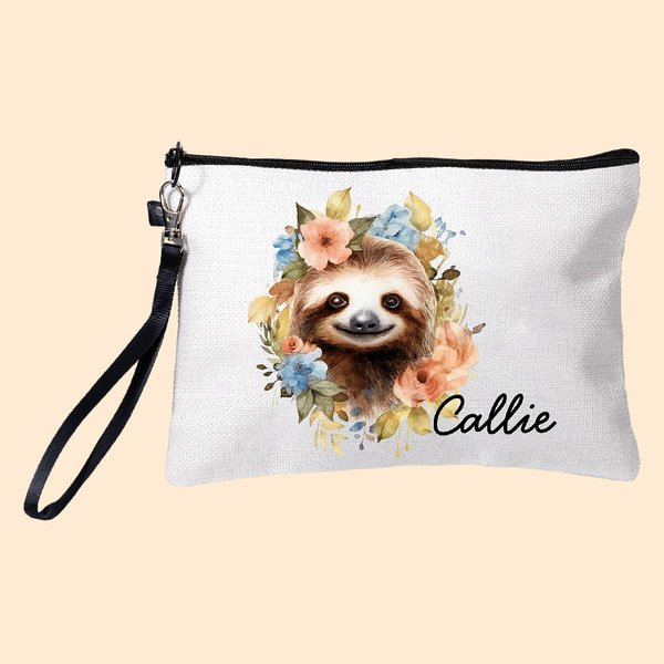 Personalizado lindo nombre perezoso floral bolsa de maquillaje con pulsera de regalo de cumpleaños para las mujeres amantes de los perezosos
