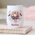 Personalisierte rosa Blumen Schädel Fledermäuse Multicolor 12oz Name Wein Becher mit Deckel und Strohhalm Halloween Geschenk für Frauen Schädel Liebha