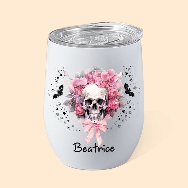 Personalisierte rosa Blumen Schädel Fledermäuse Multicolor 12oz Name Wein Becher mit Deckel und Strohhalm Halloween Geschenk für Frauen Schädel Liebha