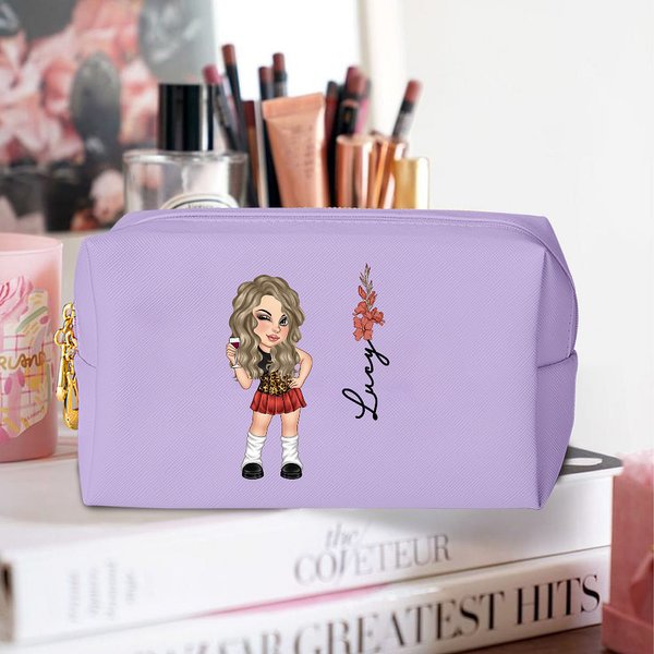 Personnalisé Y2K Style Cartoon Character Birth Flower PU Leather Makeup Pouch Bag with Name Travel Accessory Birthday Gift for Women