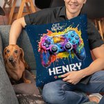 Funda de cojín personalizada con nombre y salpicadura de tinta de colores para Gamepad Decoración de habitación de juegos Regalo de cumpleaños para am