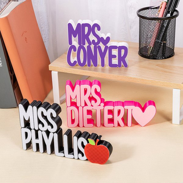 Personalized 3D Printed Multicolor Desk Name Plate with Title and Apple Heart Flower Icon Office Decor Birthday Appreciation Gift for Teacher
