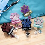 Personalised Glitter Dog Paw Print Nurse Badge Reel with Name and Paw Charm Nurse Week Birthday Gift for Dog Lovers Nurses Medical Staff
