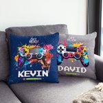 Funda de cojín personalizada con nombre y salpicadura de tinta de colores para Gamepad Decoración de habitación de juegos Regalo de cumpleaños para am