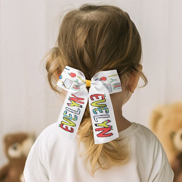 Personalized Apple Crayon Doodle Letters Design Hair Bow Clip or Tie with Name Hair Accessory Back to School First Day of Kindergarten Gift for Girls