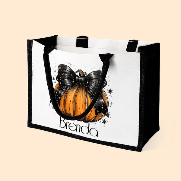 Borsa in tela personalizzata con fiocco di zucca e nome Halloween Dolcetto o scherzetto, regalo di attività per donne