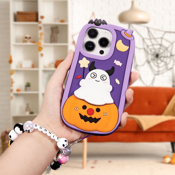 Personligt söt pumpa spöke 3D silikon telefonskal med namn och pärlstav handledsrem Halloween födelsedagspresent för kvinnor flickor