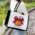 Borsa in tela personalizzata con fiocco di zucca e nome Halloween Dolcetto o scherzetto, regalo di attività per donne