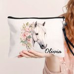 Personalised Watercolour Floral Horse  Linen Wristlet Makeup Bag with Name Birthday Gift for Women Horse Lovers