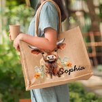 Personalized Flower Highland Cow Jute Tote Bag with Name Birthday Christmas Gift for Highland Cow Lover