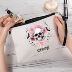 Bolsa de Maquillaje Personalizada con Nombre Murciélagos Calavera Floral Rosa Regalo de Halloween para Mujer