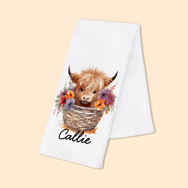 Personalised Cute Floral Highland Cow 100% Cotton Waffle Tea Towel with Name Kitchen Decor Birthday Gift for Highland Cow Lovers