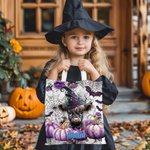 Spersonalizowana fioletowa torba z dyni Witch Highland Cow Canvas Trick or Treat Tote Bag z imieniem Prezent na Halloween dla chłopców Dziewczynki Miłośnicy Highland Cow