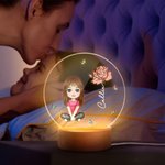 Personalized Cartoon Character Birth Flower Acrylic LED Night Light with Wooden Base Home Decor Gift for Boys Girls