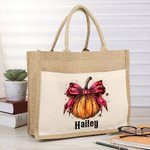 Personalizada calabaza arco de gran capacidad de yute bolsa de lona con nombre de Halloween espeluznante temporada de regalos para las mujeres
