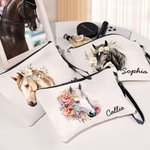Personalised Watercolour Floral Horse  Linen Wristlet Makeup Bag with Name Birthday Gift for Women Horse Lovers