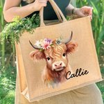Personalized Flower Highland Cow Jute Tote Bag with Name Birthday Christmas Gift for Highland Cow Lover