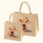 Personalized Flower Highland Cow Jute Tote Bag with Name Birthday Christmas Gift for Highland Cow Lover