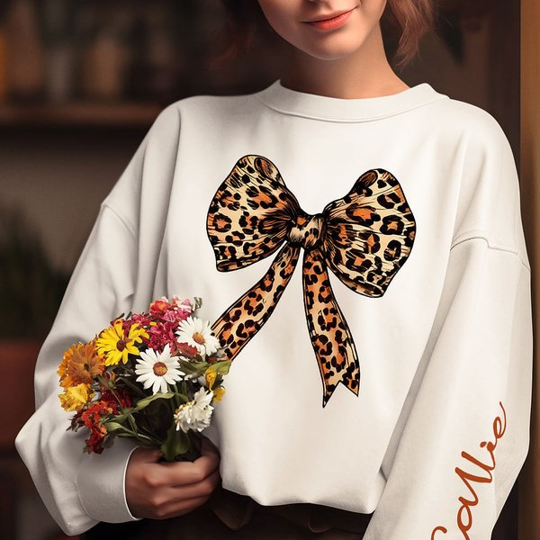 Personalized Leopard Bow Fall Pumpkin Cross Kid Adult Sweatshirt with Name and Bible Verse Harvest Festival Thanksgiving Day Gift for Family