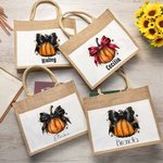 Personalizada calabaza arco de gran capacidad de yute bolsa de lona con nombre de Halloween espeluznante temporada de regalos para las mujeres